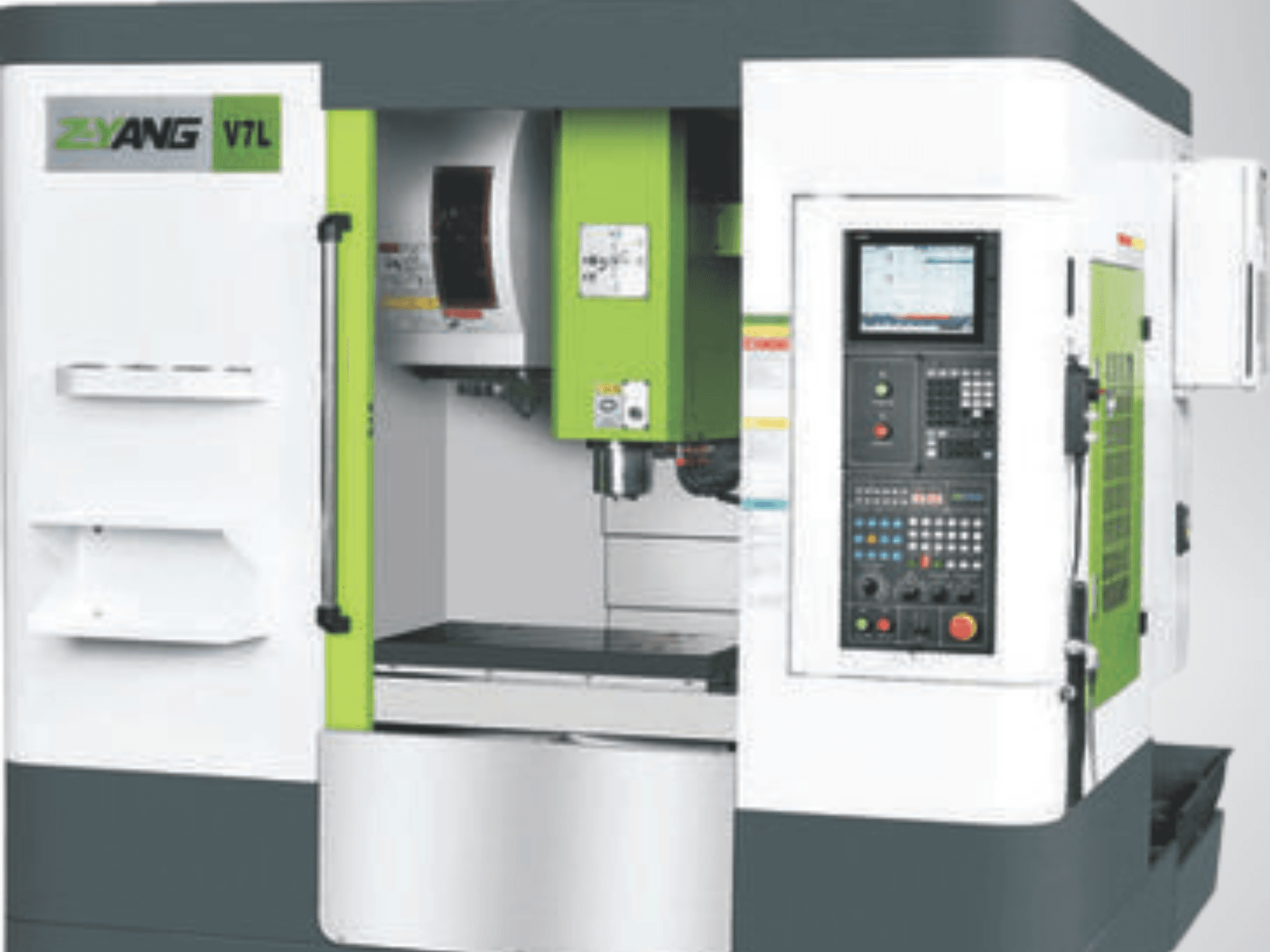 Pionowe centrum obróbcze Z-YANG V7L, widok z przodu przedstawiający panel sterowania, obszar roboczy i charakterystyczny zielono-biały design.