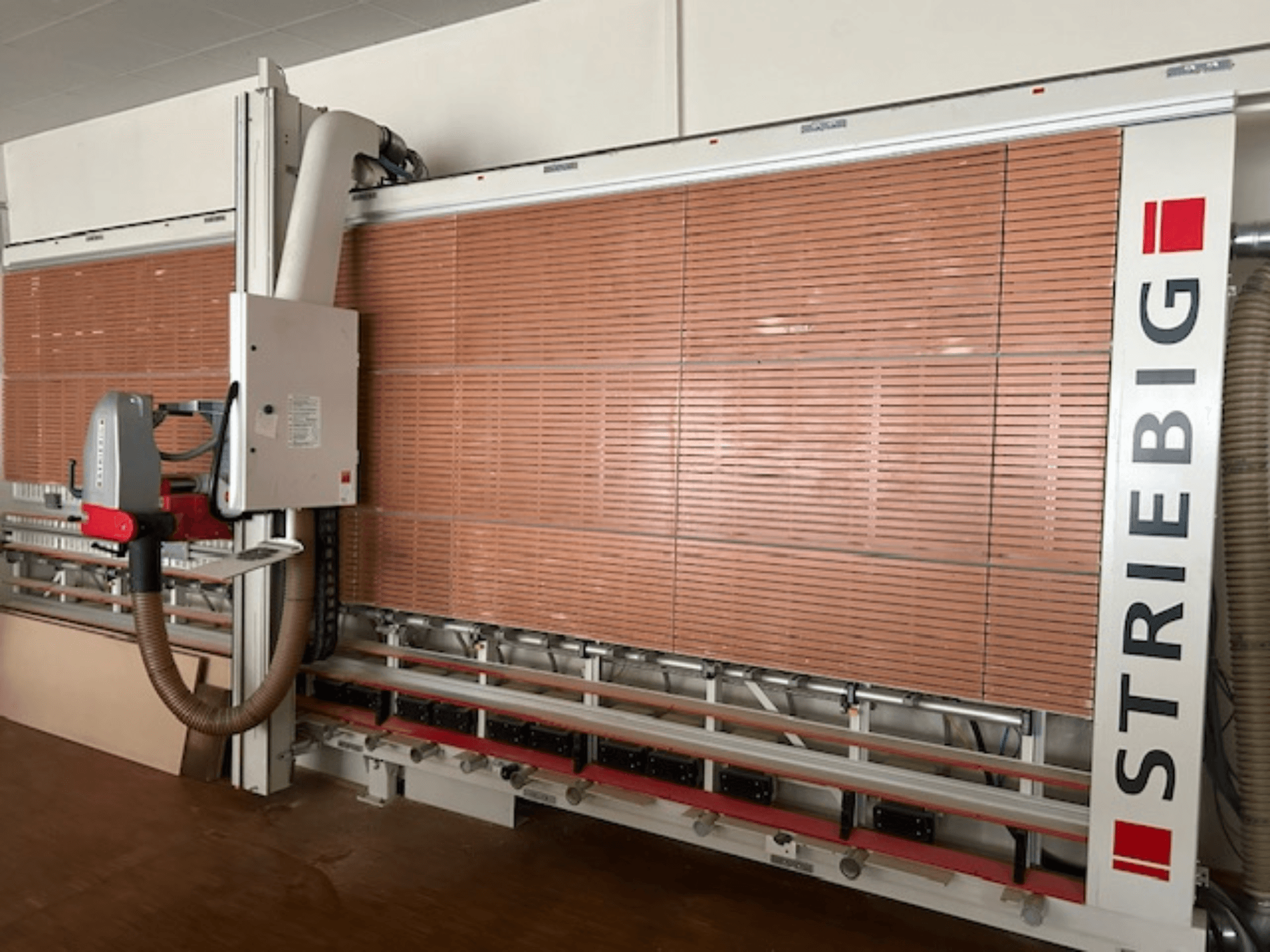 Pionowa piła panelowa Striebig w widoku z boku, wyposażona w zmotoryzowaną głowicę, tarcze do cięcia paneli drewnianych i system odsysania pyłu.