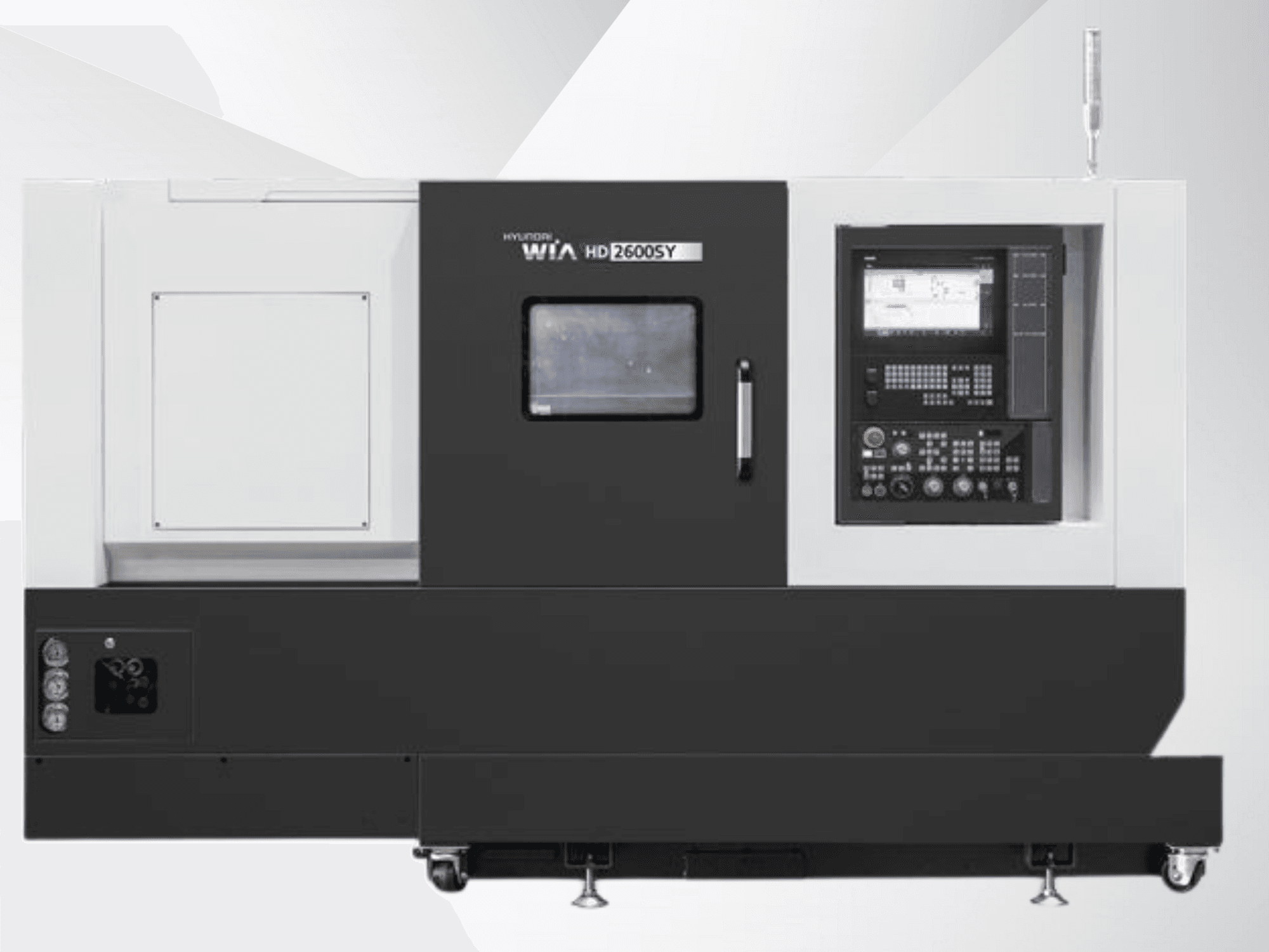 Tokarka CNC Hyundai WIA HD 2600SY, widok z przodu; zawiera cyfrowy panel sterowania i obszar przechowywania narzędzi, prezentuje funkcje techniczne.