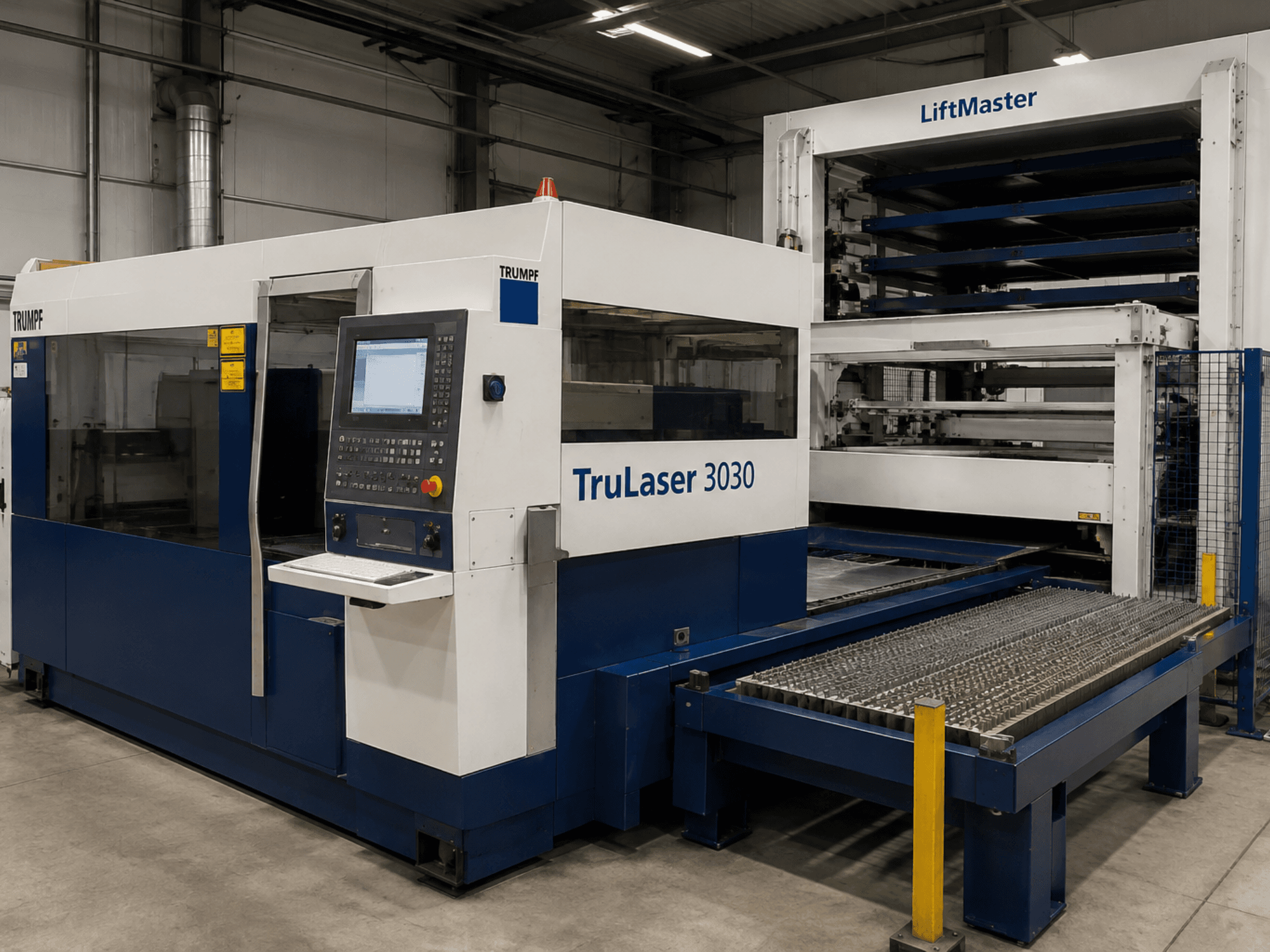 Widok z przodu maszyny do cięcia laserowego CO₂ TRUMPF TruLaser 3030 z systemem LiftMaster, wyposażonej w panel operatorski i stół do blach.