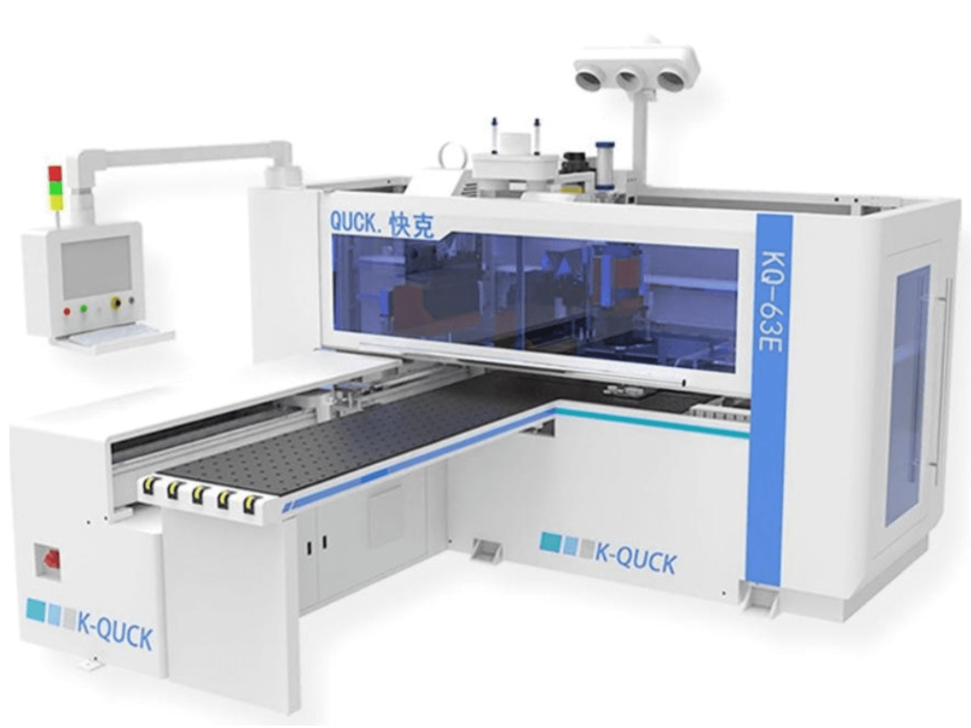 Maszyna K-QUICK KQ-63E, widok z przodu, posiada panel sterowania, przezroczystą obudowę i płaski przenośnik z wieloma rolkami.