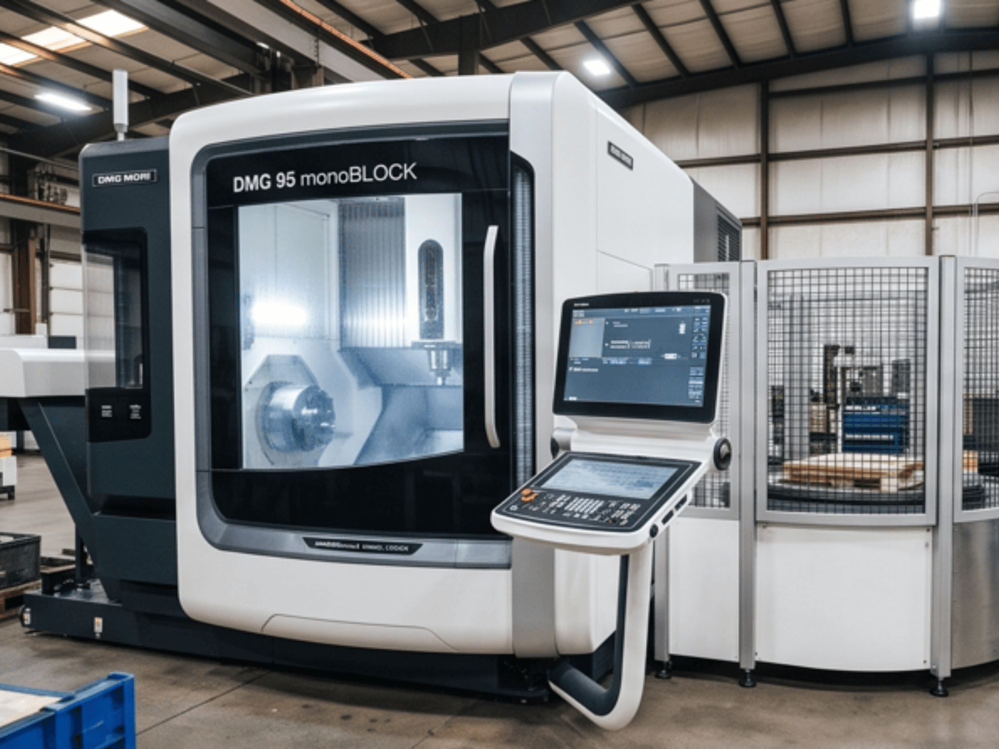 Pionowe centrum obróbcze DMG MORI DMC 95 monoBLOCK, widok z przodu, z panelem sterowania i osłoną bezpieczeństwa.