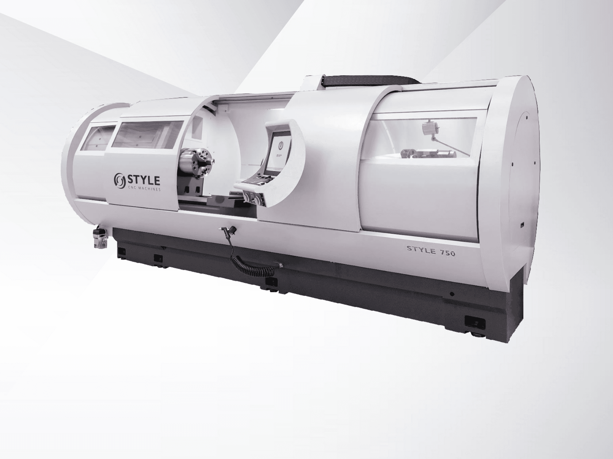 Tokarka CNC STYLE 750, widok z przodu, posiada duże okno, panel sterowania i precyzyjną mechanikę do zaawansowanej obróbki.
