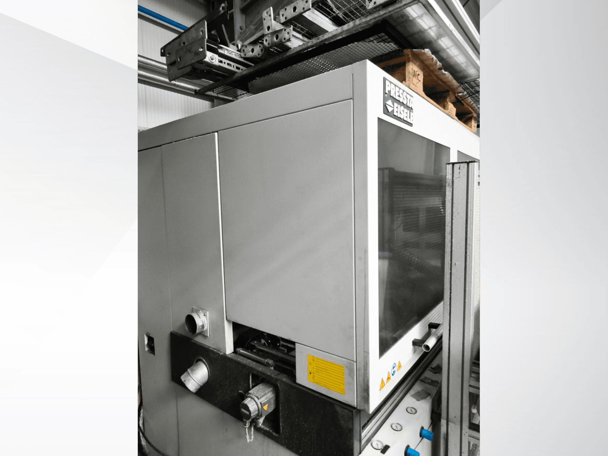 Pilarka tarczowa do metalu PRESSTA EISELE Profilma 400 V, widok z boku z panelem sterowania i szczegółami mechanicznymi.