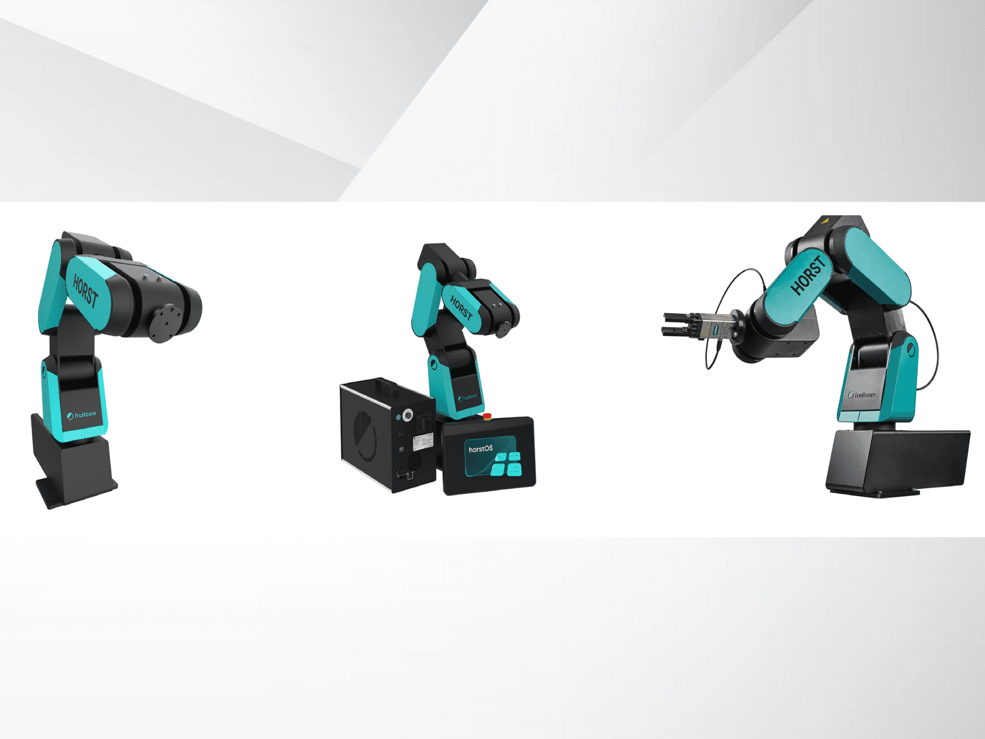 Trzy widoki ramienia robotycznego Horst firmy Fruitcore, podkreślające jego czarno-turkusową konstrukcję, panel sterowania i mocowanie chwytaka.
