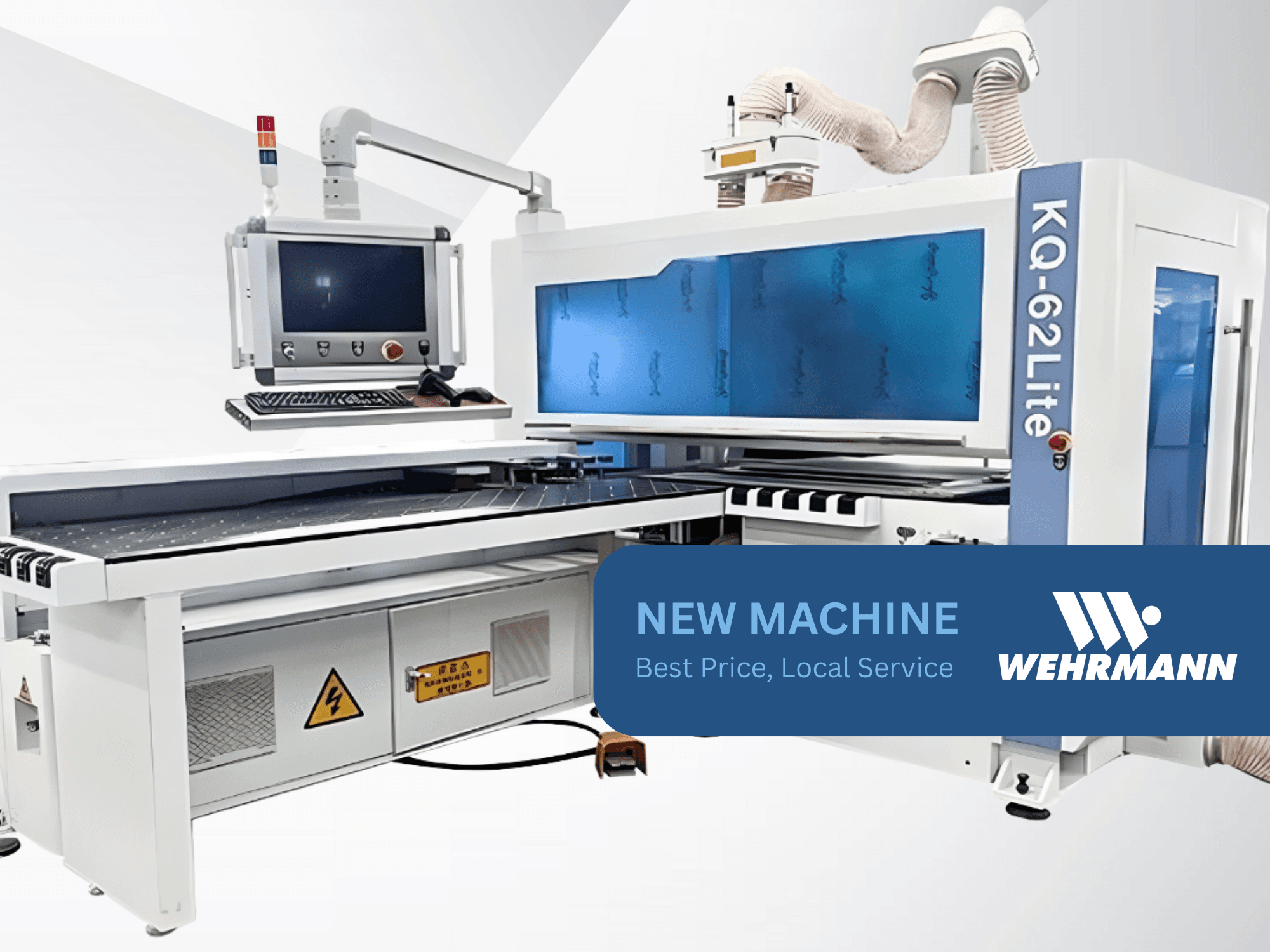 Maszyna CNC Wehrmann KQ-62Lite, widok z przodu, z wyświetlaczem cyfrowym, panelem sterowania i przenośnikiem taśmowym ze znakami ostrzegawczymi.