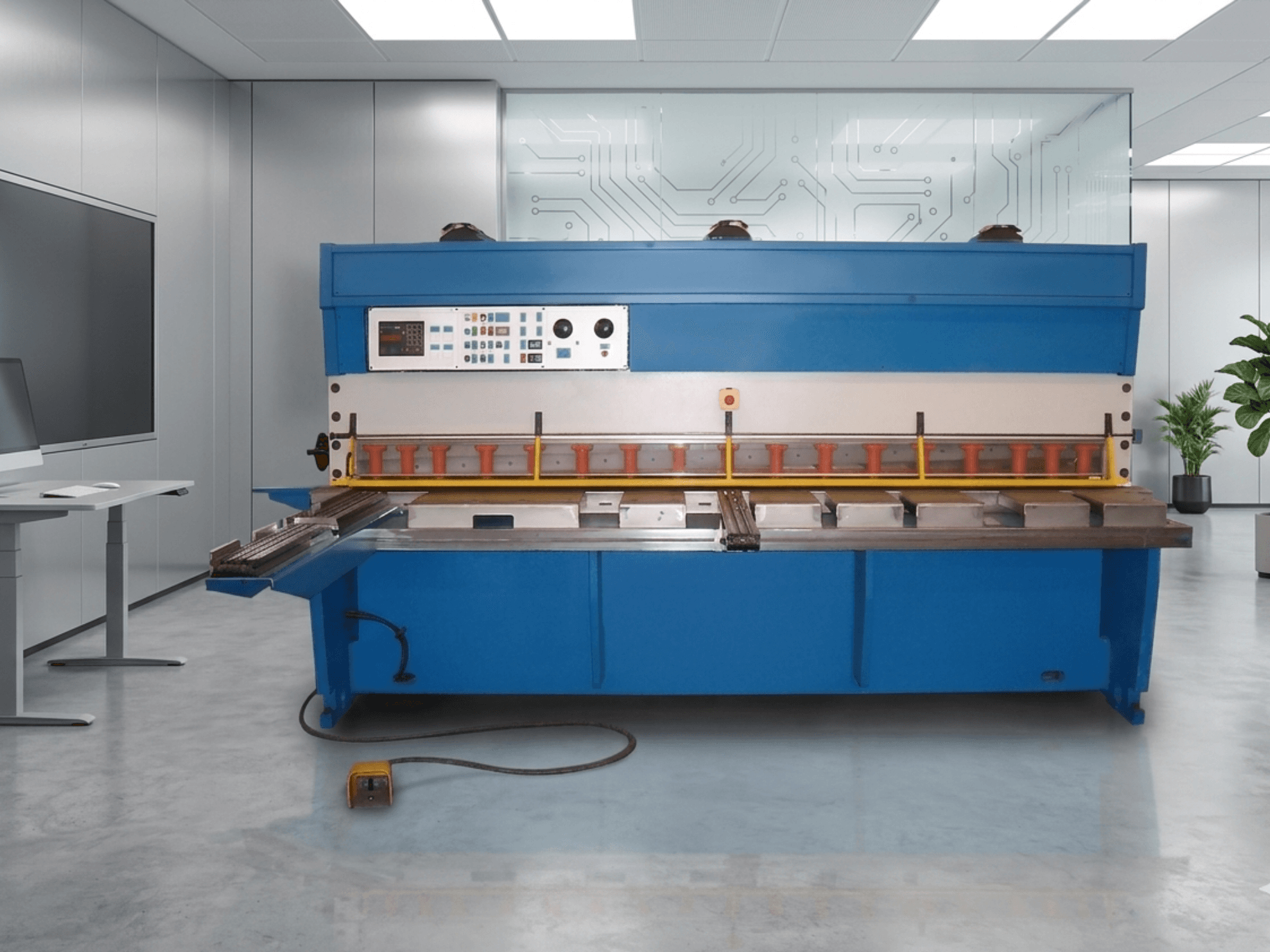 Nożyce hydrauliczne GASPARINI CO 3006, widok z przodu, z panelem sterowania i obszarem cięcia metalu, w nowoczesnym miejscu pracy.