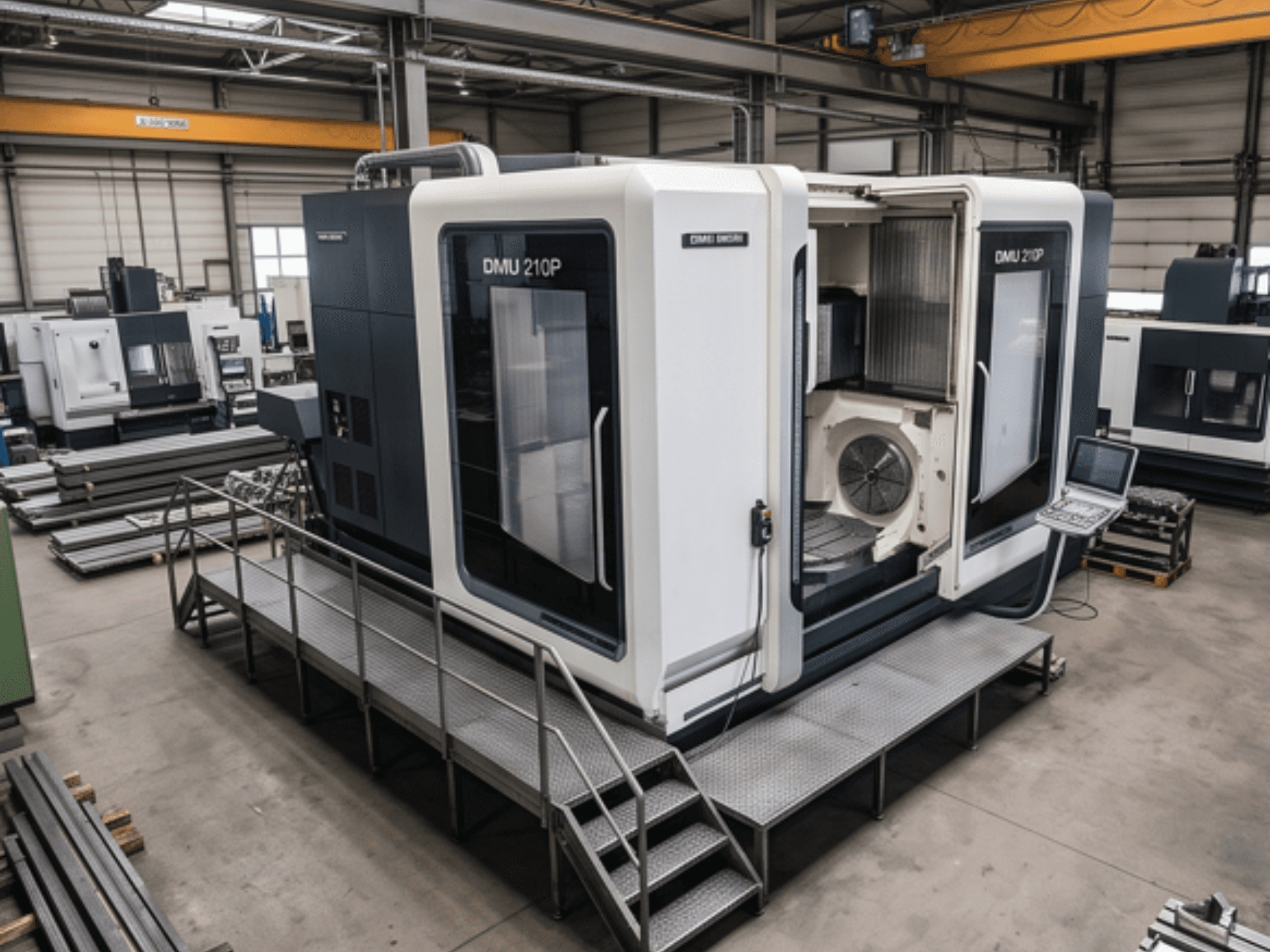 Uniwersalne centrum obróbcze DMG MORI DMU 210P w warsztacie – widok z boku przedstawiający panel sterowania i platformę dostępową.