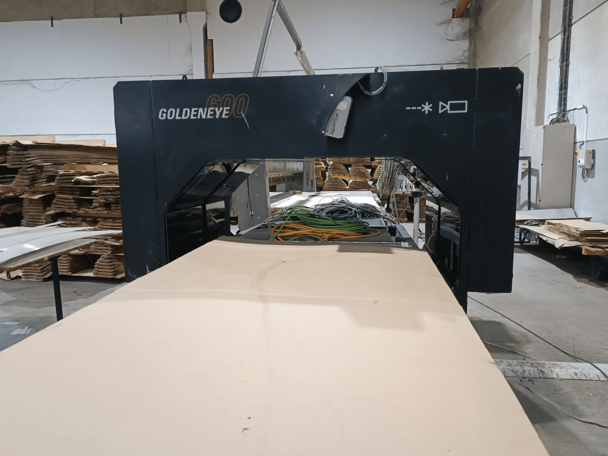 Maszyna do obróbki drewna Microtec GOLDENEYE GLD 600 DSC widok z przodu, z dużą powierzchnią cięcia i wyposażeniem w warunkach warsztatowych.